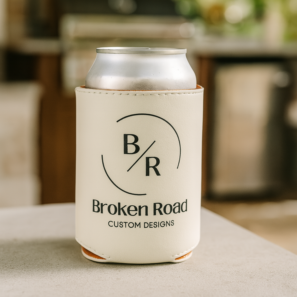 Can cooler with 'Broken Road Custom Designs' branding on a blurred background