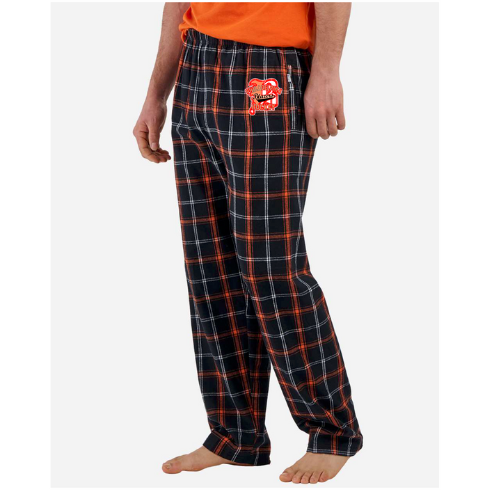 Plaid pajama pants with a logo on a white background