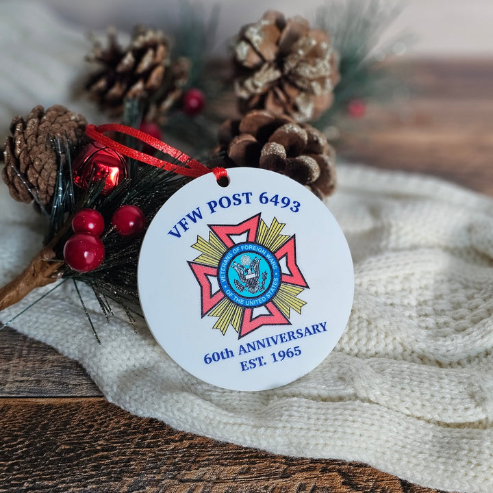 VFW Post 6493 ornament with decorative elements on a textured surface