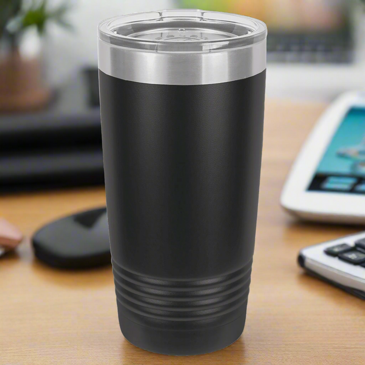Black tumbler with a silver lid on a transparent background