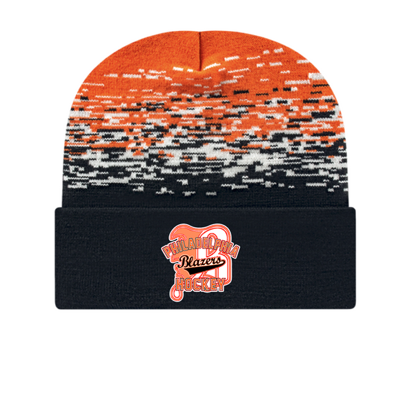 Multicolored beanie with a logo on a white background