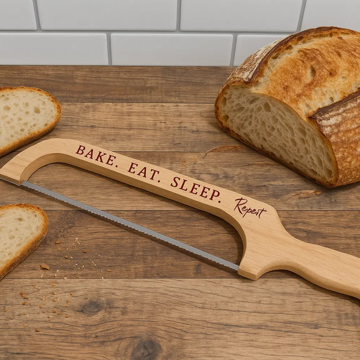 Wooden bread knife with engraved text on a wooden cutting board with bread slices.