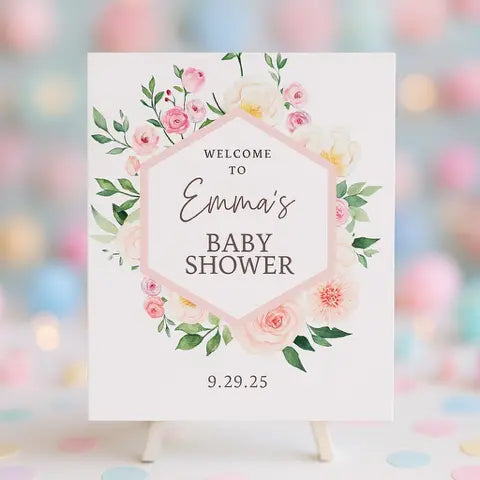 Baby shower welcome sign with floral design on a blurred background