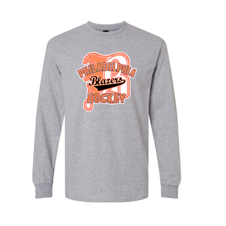 Gray long-sleeve shirt with 'Philadelphia Blazers Hockey' text on a white background