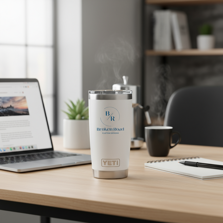 White YETI tumbler with Broken Road logo on a white background